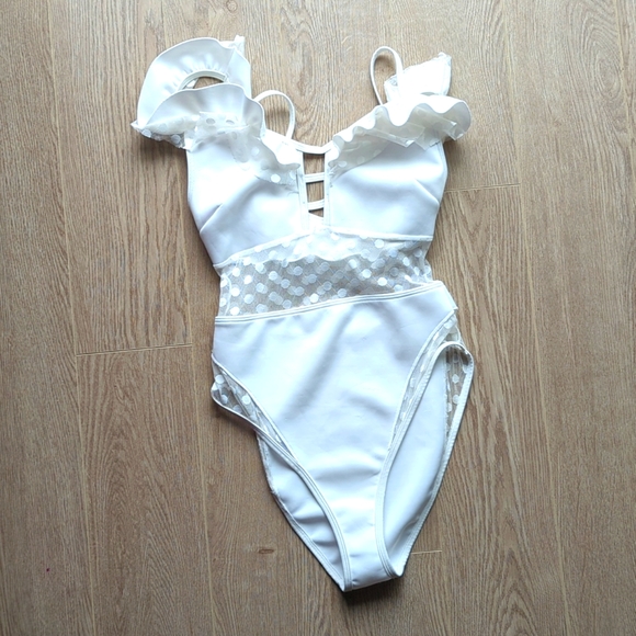 ASOS neoprene frill lattice Bardot dot mesh swimsuit - Picture 5 of 11